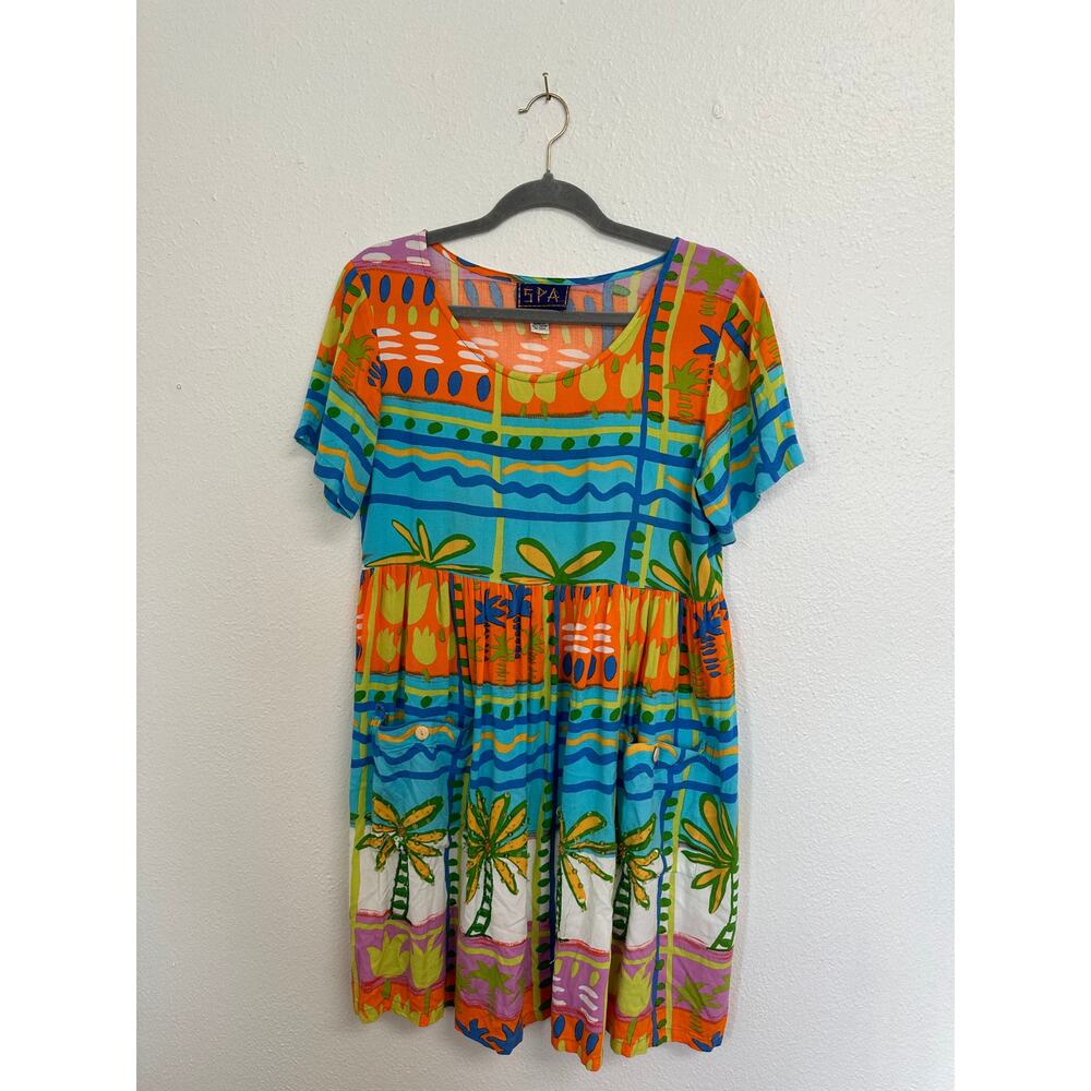 SPA Vintage Short Sleeve Babydoll Tropical Print Beach Dress Colorful Rayon XS